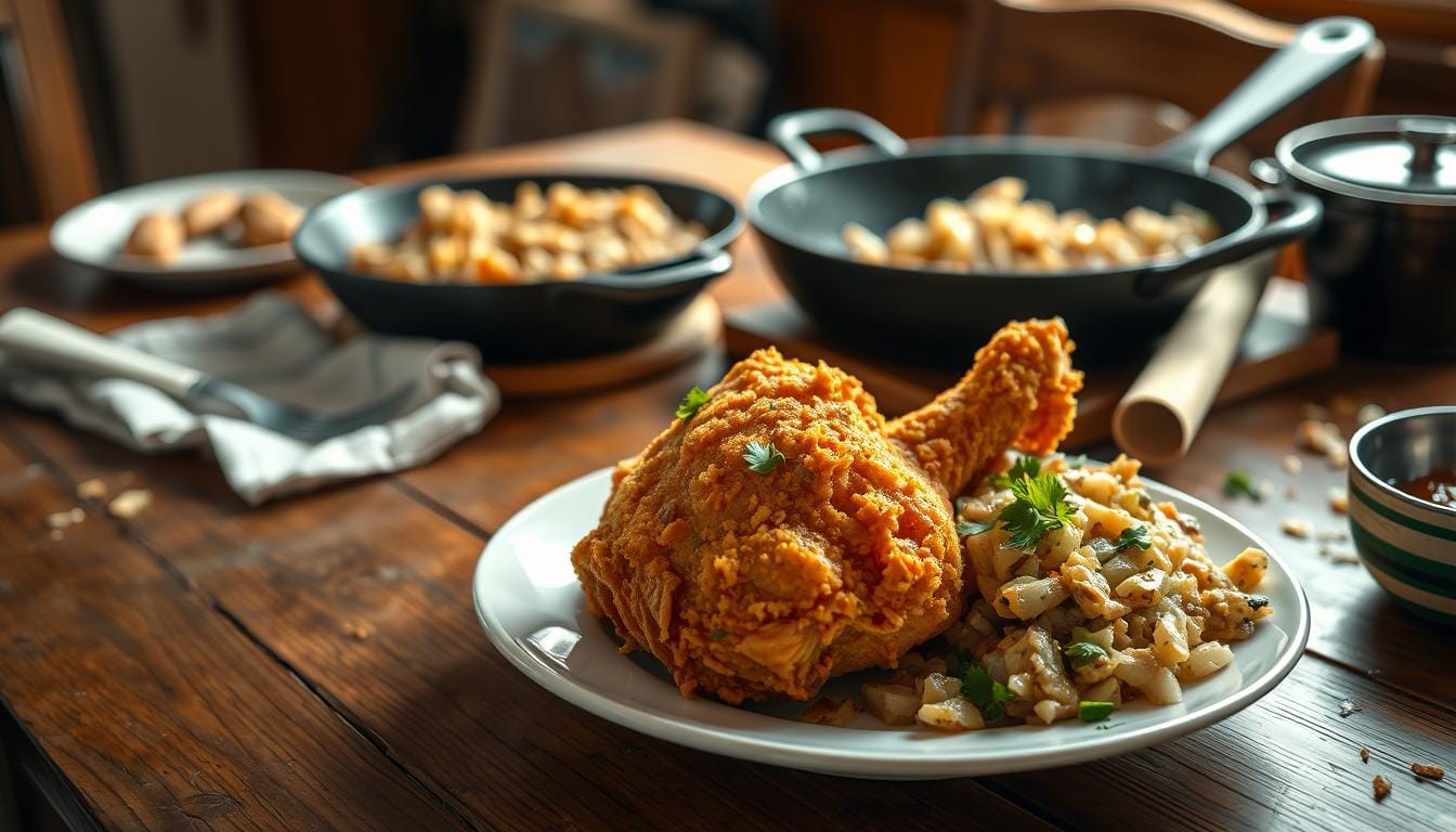 Discover this mouthwatering chicken and dressing recipe that combines tender meat with savory stuffing. Perfect for family dinners and special occasions, ready in under an hour
