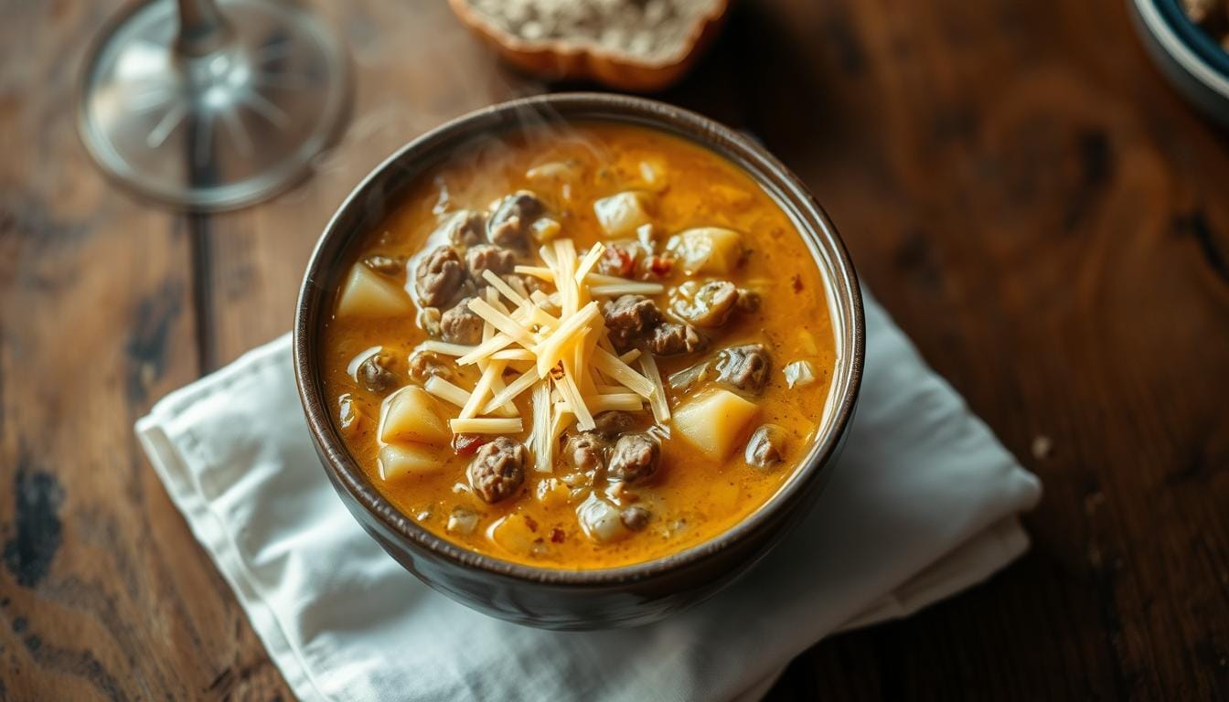 "Cheesy Hamburger Potato Soup"